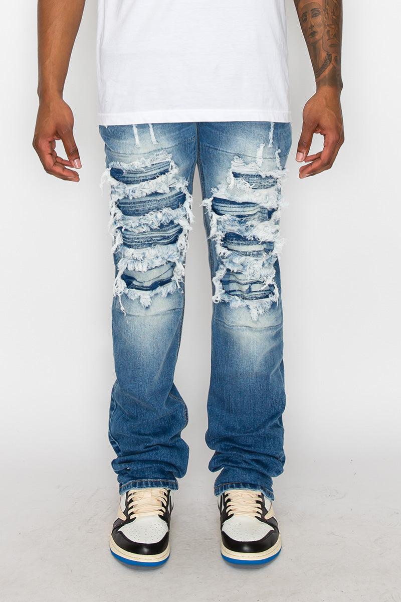 Stacked Fit Distressed Denim Jeans