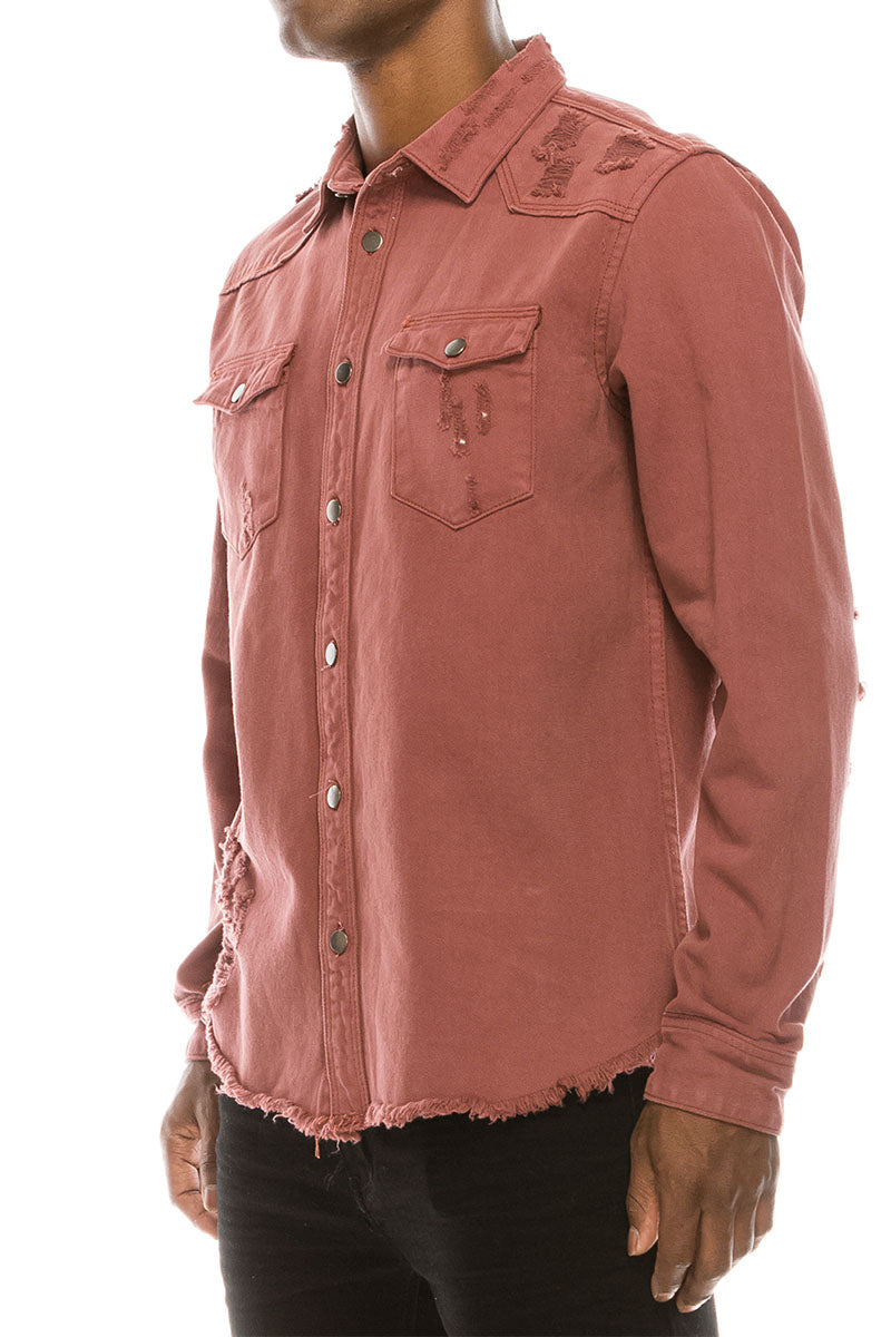 Ripped Denim Overshirt - Brick