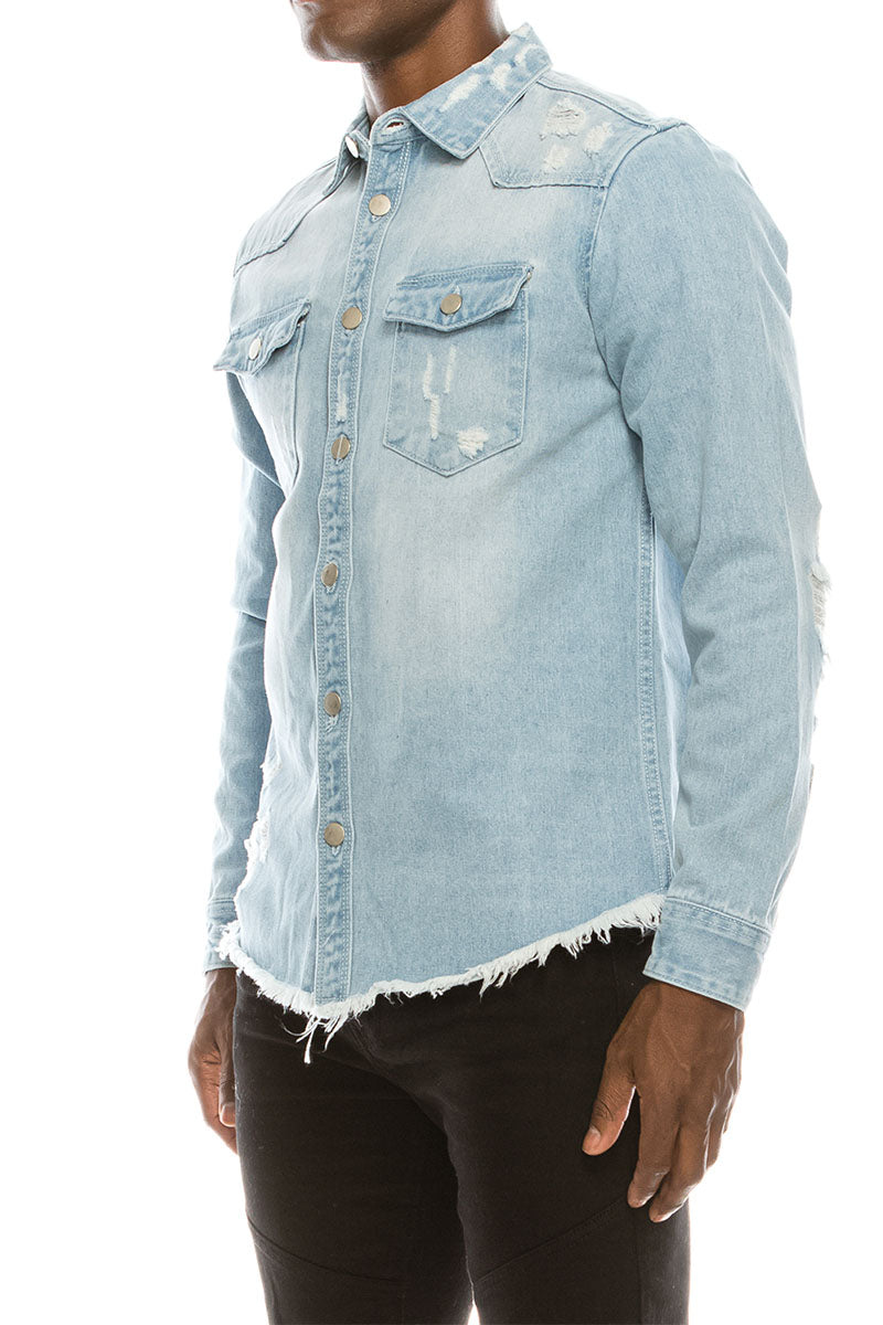 Ripped Denim Overshirt - Light Indigo