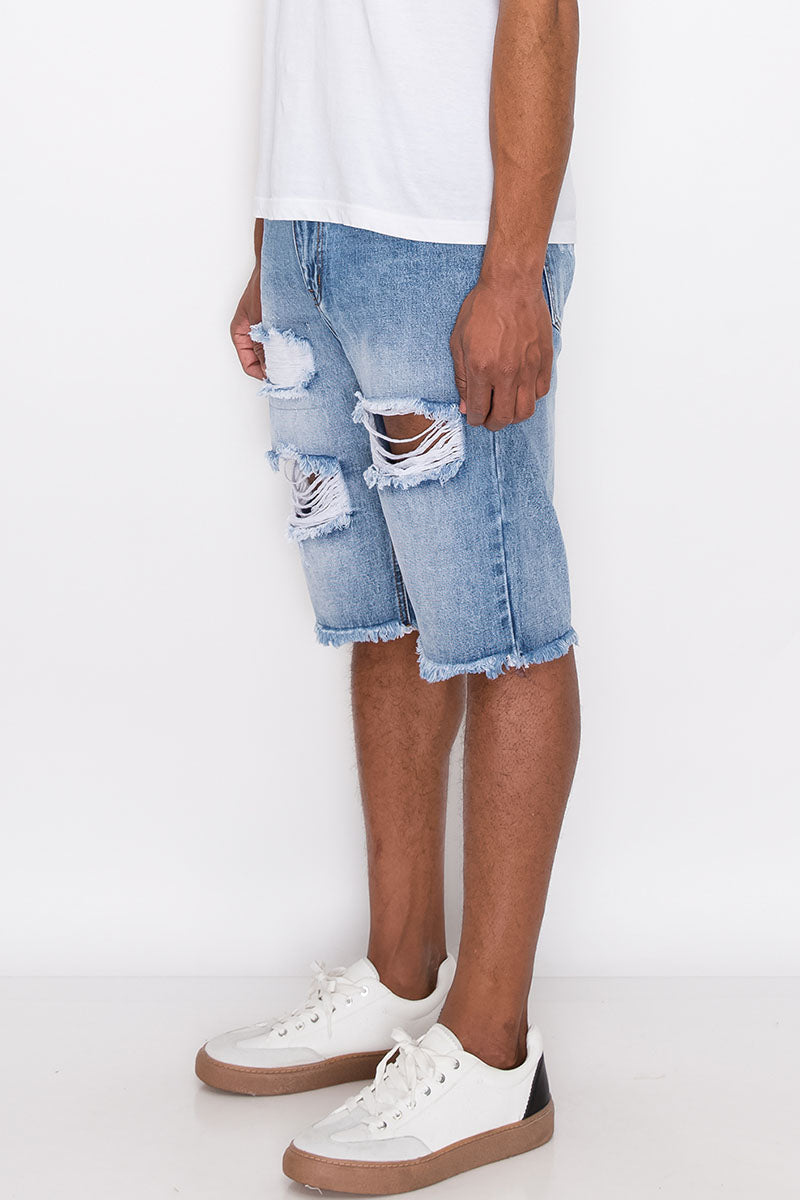 HEAVY DISTRESSED DENIM SHORTS - INDIGO