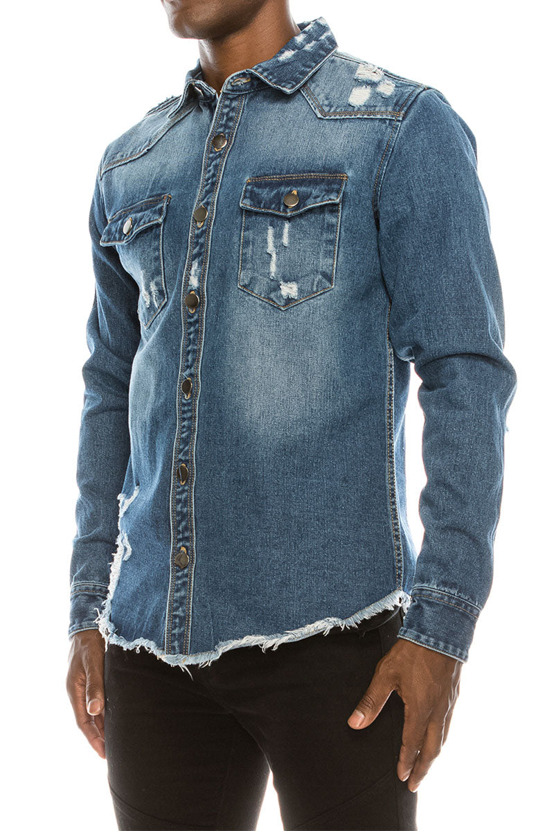 RIPPED DENIM OVERSHIRT - INDIGO
