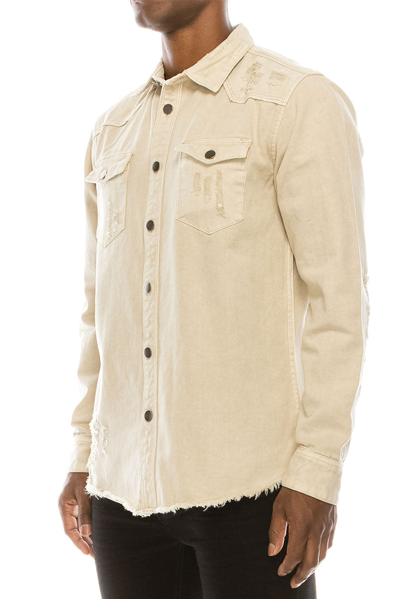 Ripped Denim Overshirt - Sand