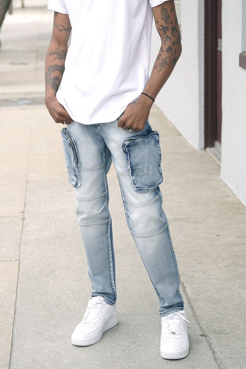 ZIPPER CARGO DENIM JEANS