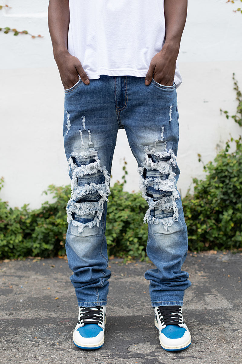 Stacked Fit Distressed Denim Jeans