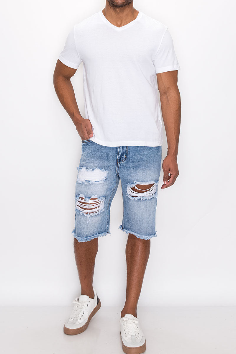 HEAVY DISTRESSED DENIM SHORTS - INDIGO