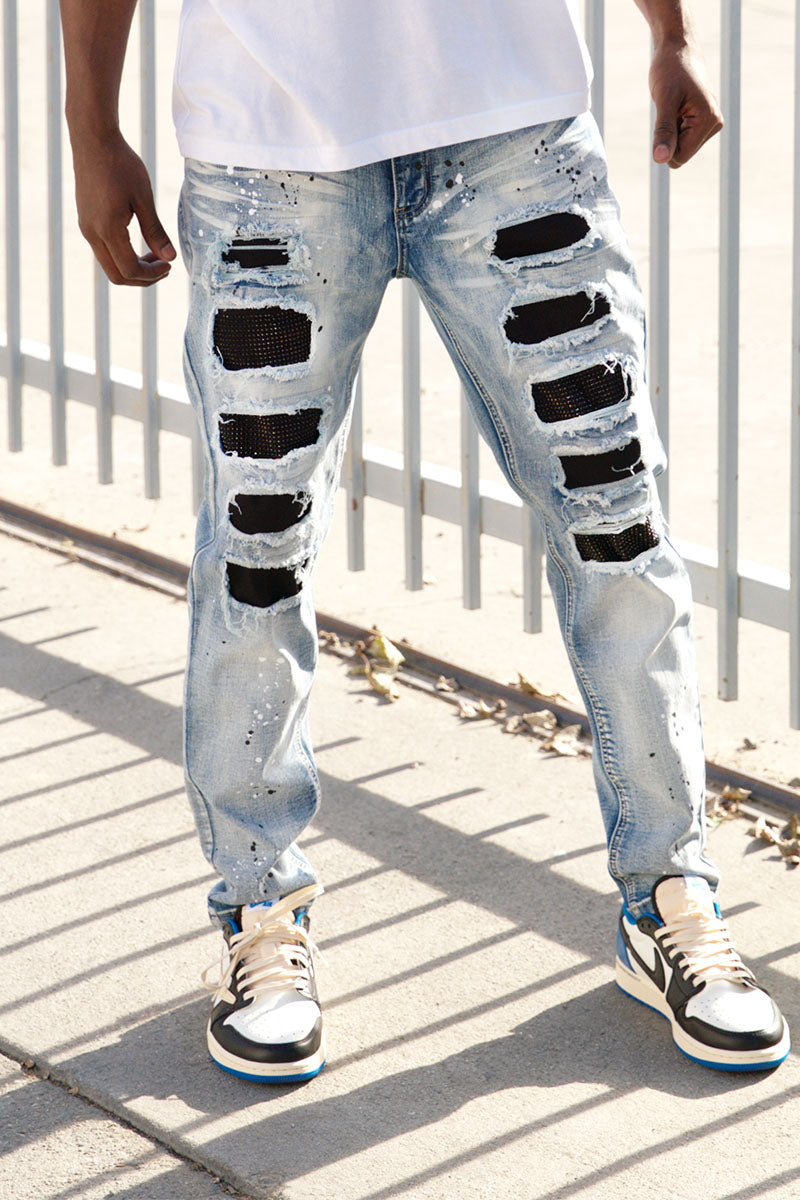 PAINT SPLATTER RHINESTONE DENIM JEANS