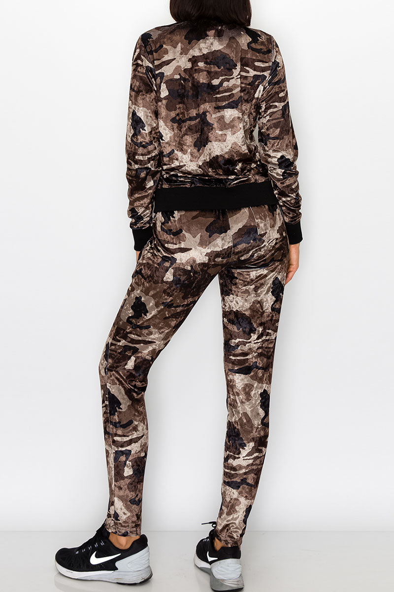 Women's olive camo velvet track suits