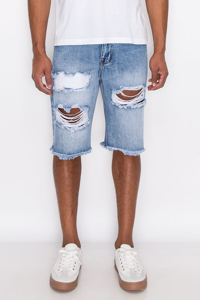 HEAVY DISTRESSED DENIM SHORTS - INDIGO