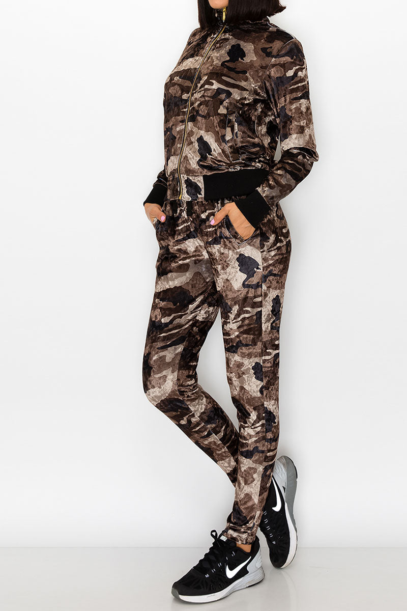 Women's olive camo velvet track suits