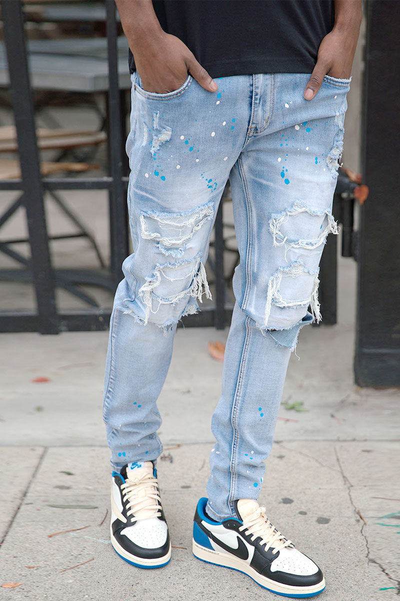 SPLATTER RIPPED DENIM JEANS