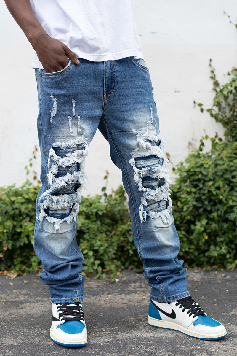 Stacked Fit Distressed Denim Jeans