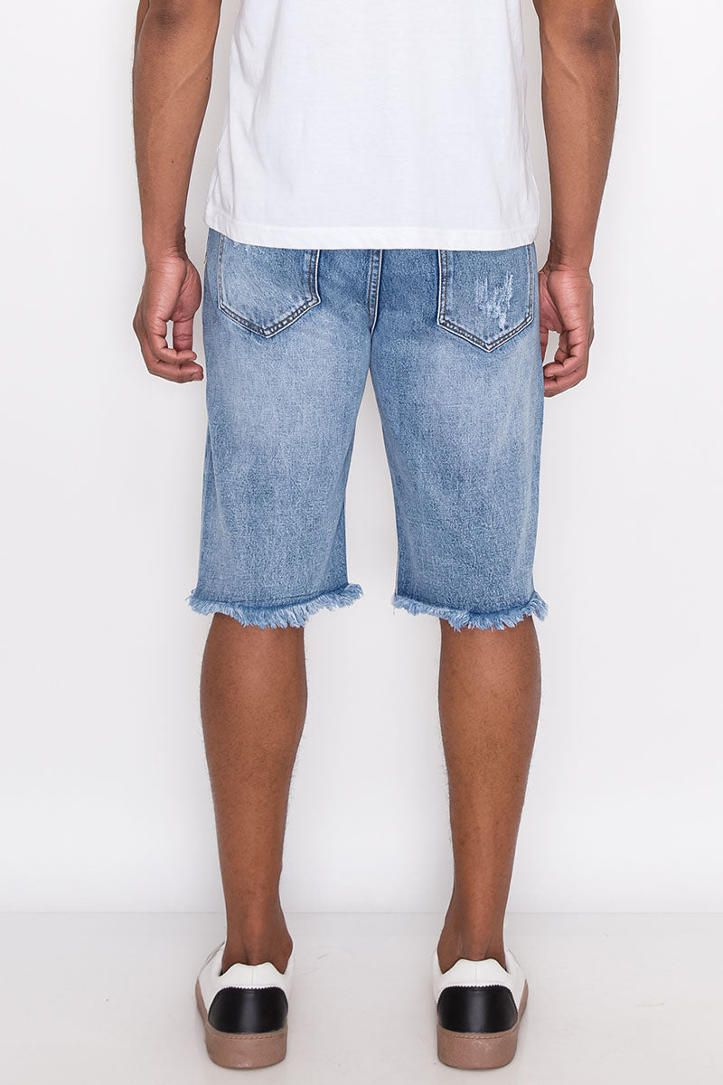 HEAVY DISTRESSED DENIM SHORTS - INDIGO