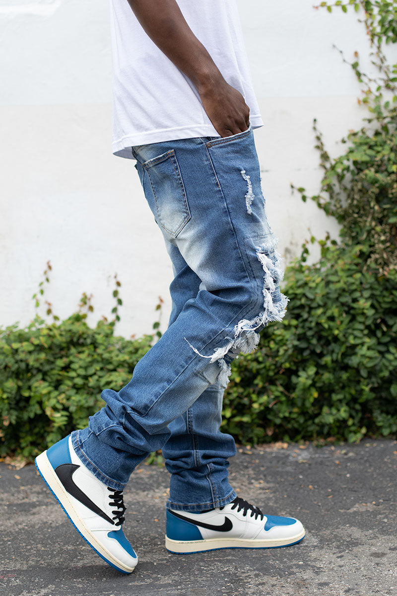 Stacked Fit Distressed Denim Jeans