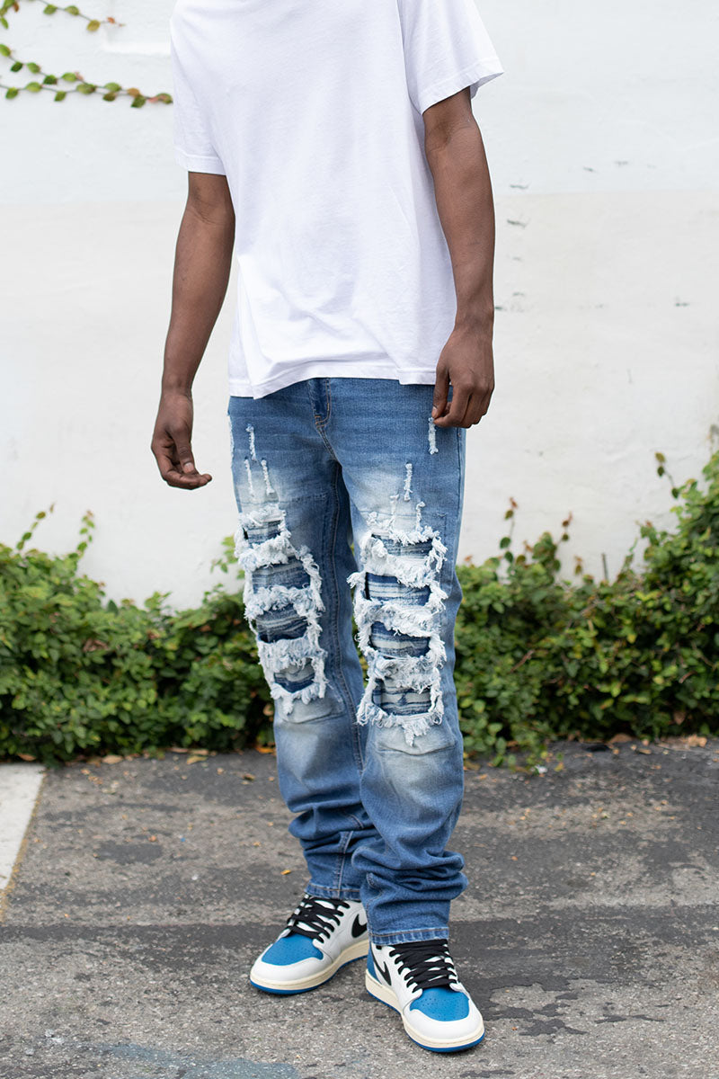 Stacked Fit Distressed Denim Jeans