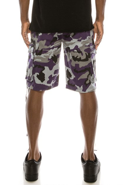 CAMO BELTED CARGO SHORTS - PURPLE