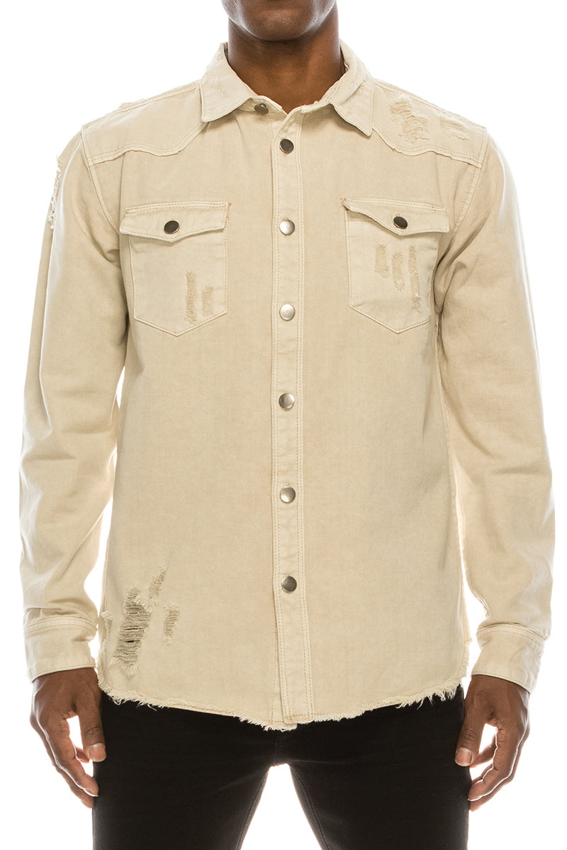 Ripped Denim Overshirt - Sand