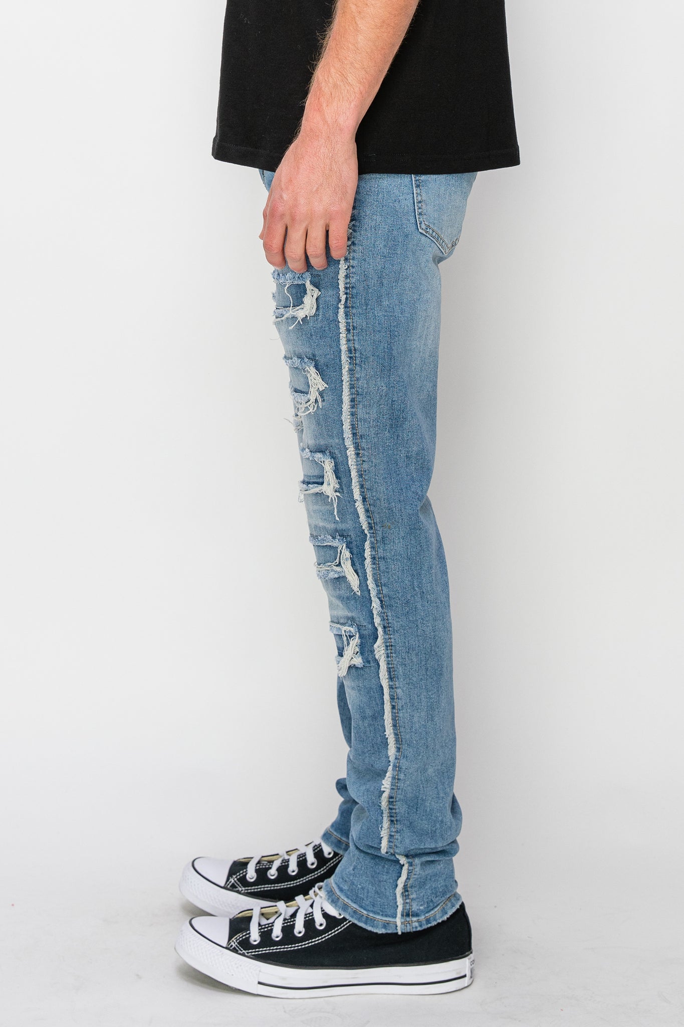 Side Raw Edge Rip & Repair Denim Jeans