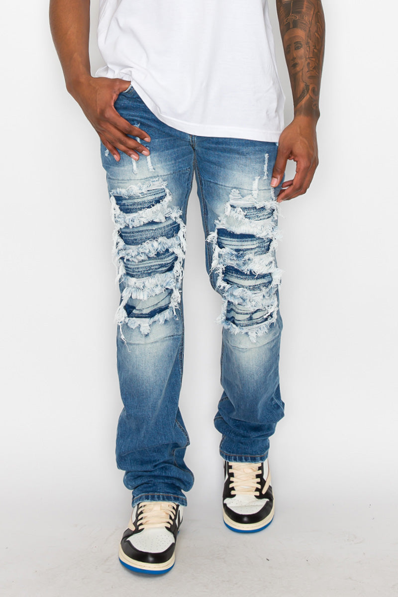 Stacked Fit Distressed Denim Jeans