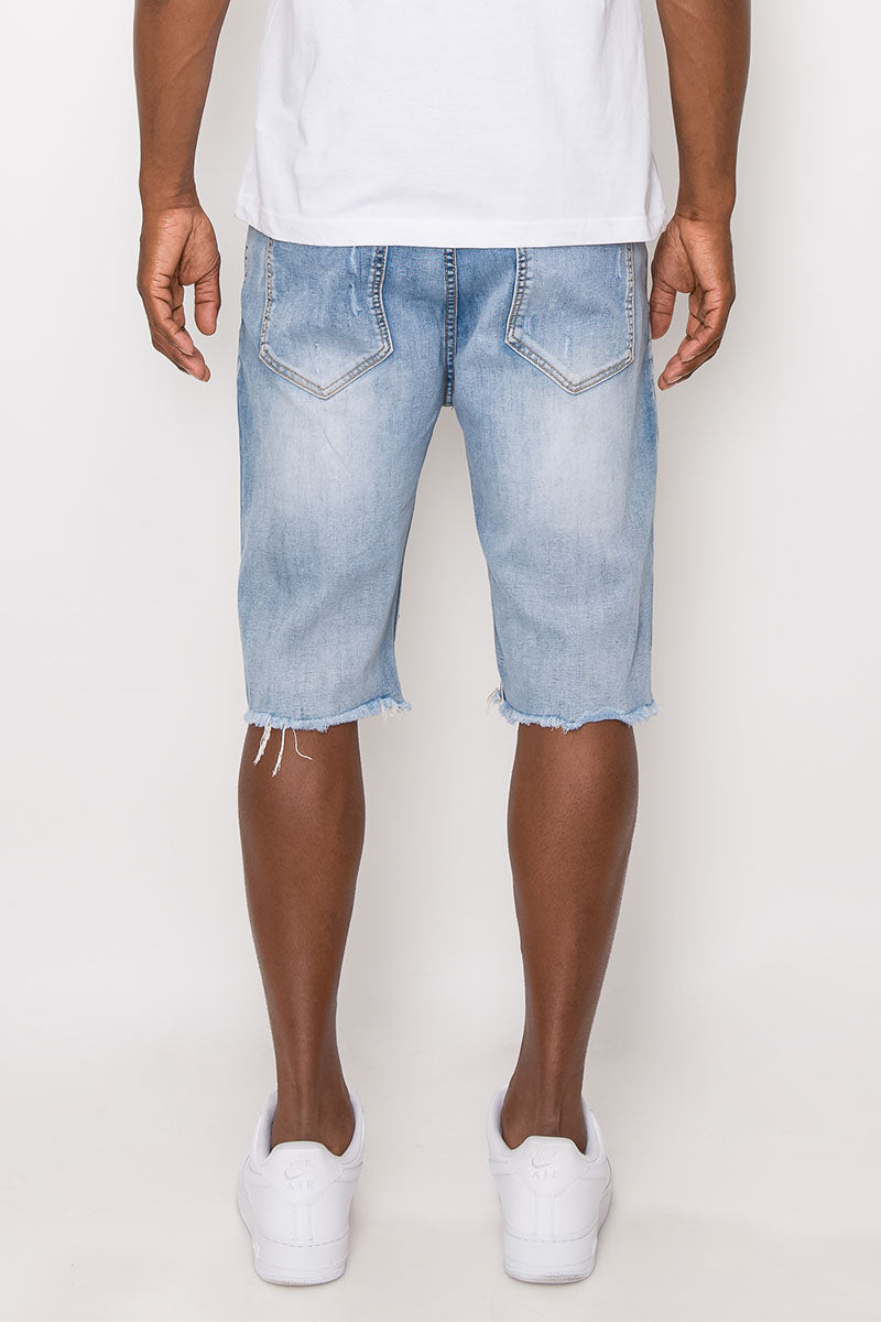 DISTRESSED ILLUSION DENIM SHORTS - LT INDIGO