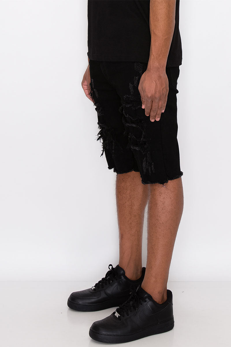 DISTRESSED ILLUSION DENIM SHORTS - BLACK