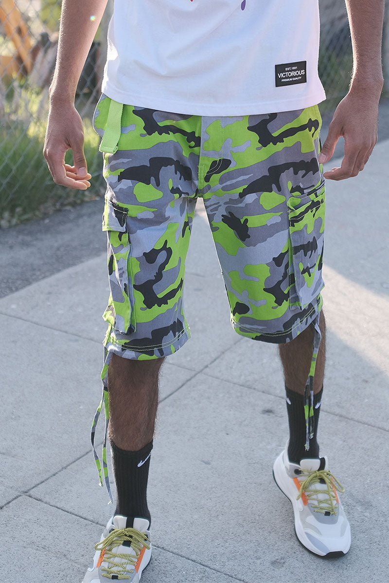 CAMO BELTED CARGO SHORTS - BLUE