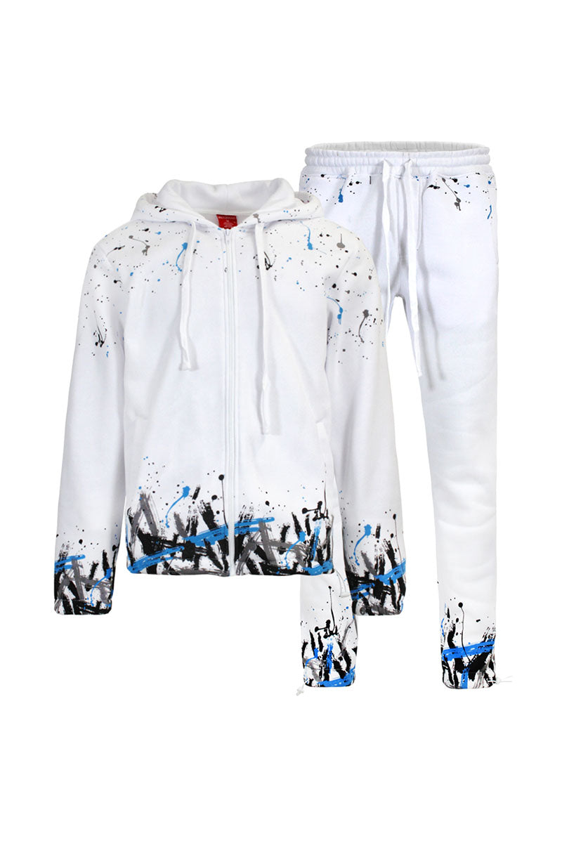 PAINT SPLATTER FLEECE SET - WHITE/SKY BLUE
