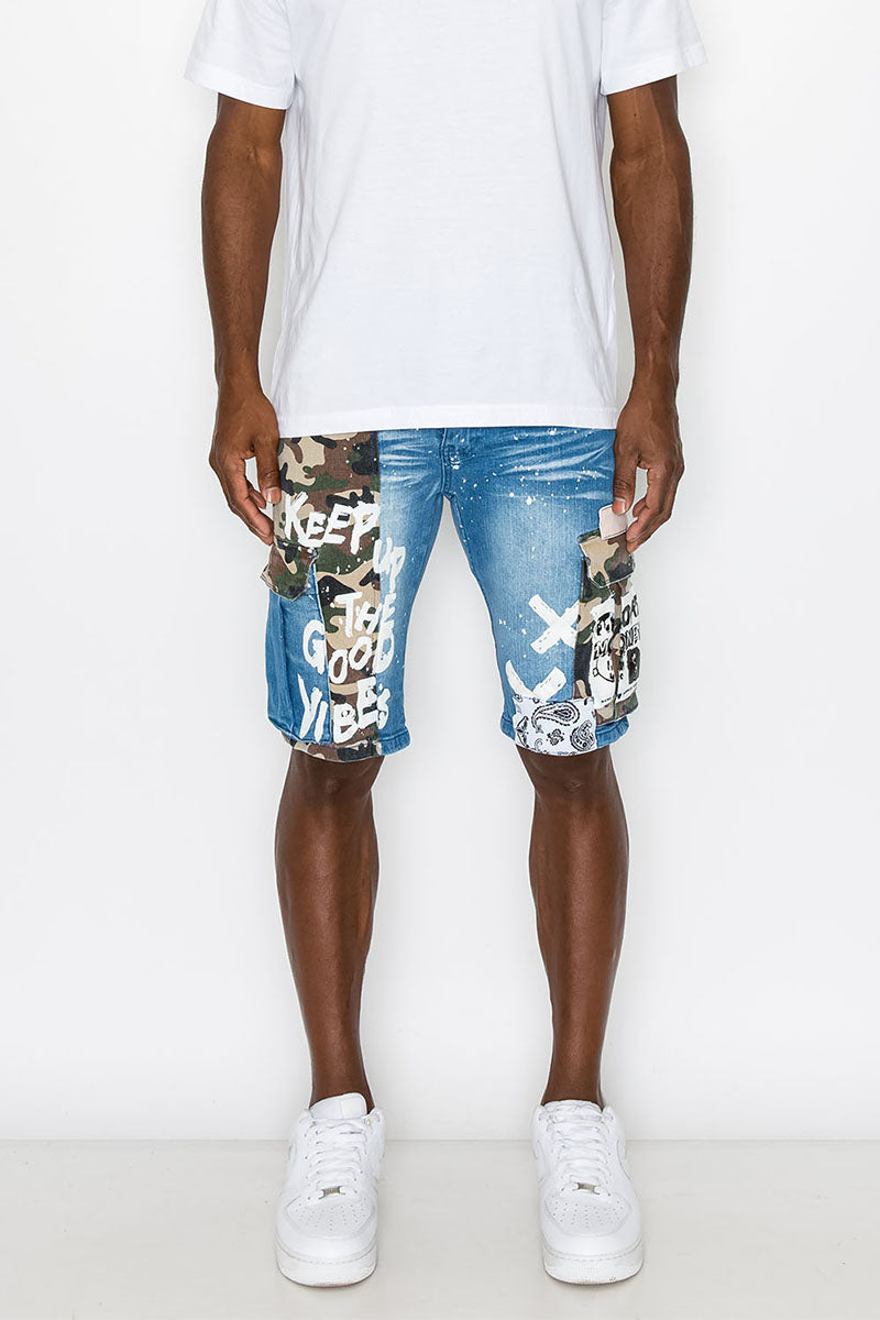 MIXED CAMO CARGO DENIM SHORTS