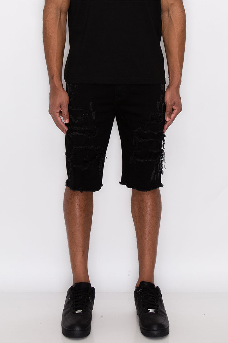 DISTRESSED ILLUSION DENIM SHORTS - BLACK