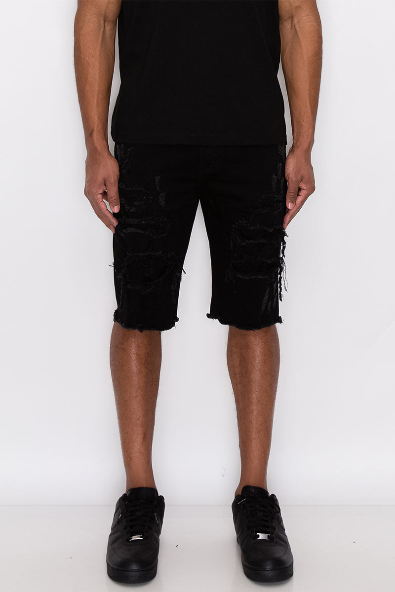 Distressed Illusion Denim Shorts - Black