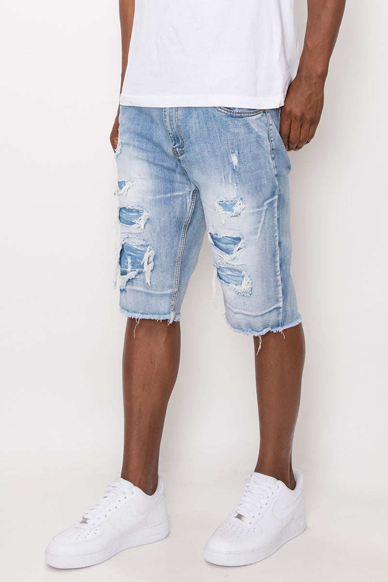 DISTRESSED ILLUSION DENIM SHORTS - LT INDIGO