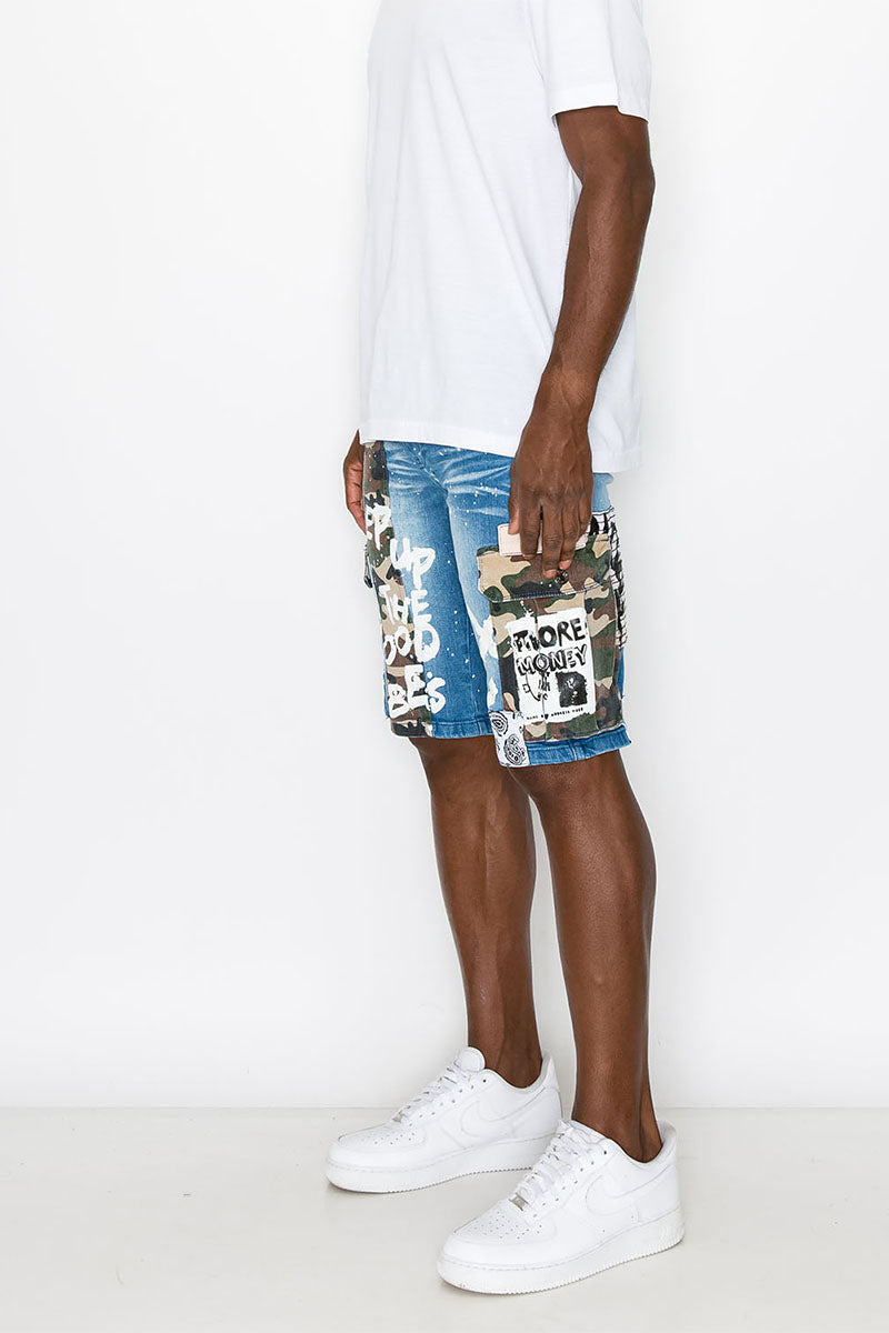 MIXED CAMO CARGO DENIM SHORTS
