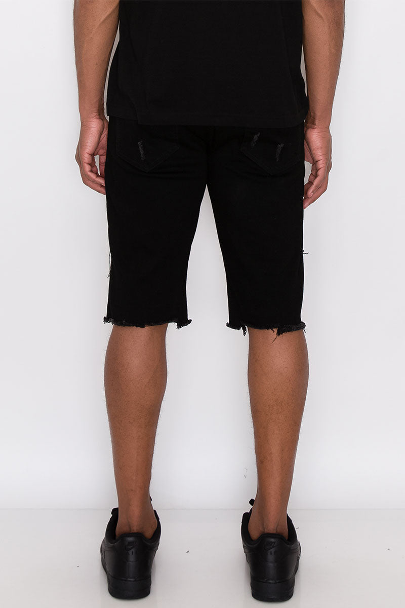 DISTRESSED ILLUSION DENIM SHORTS - BLACK