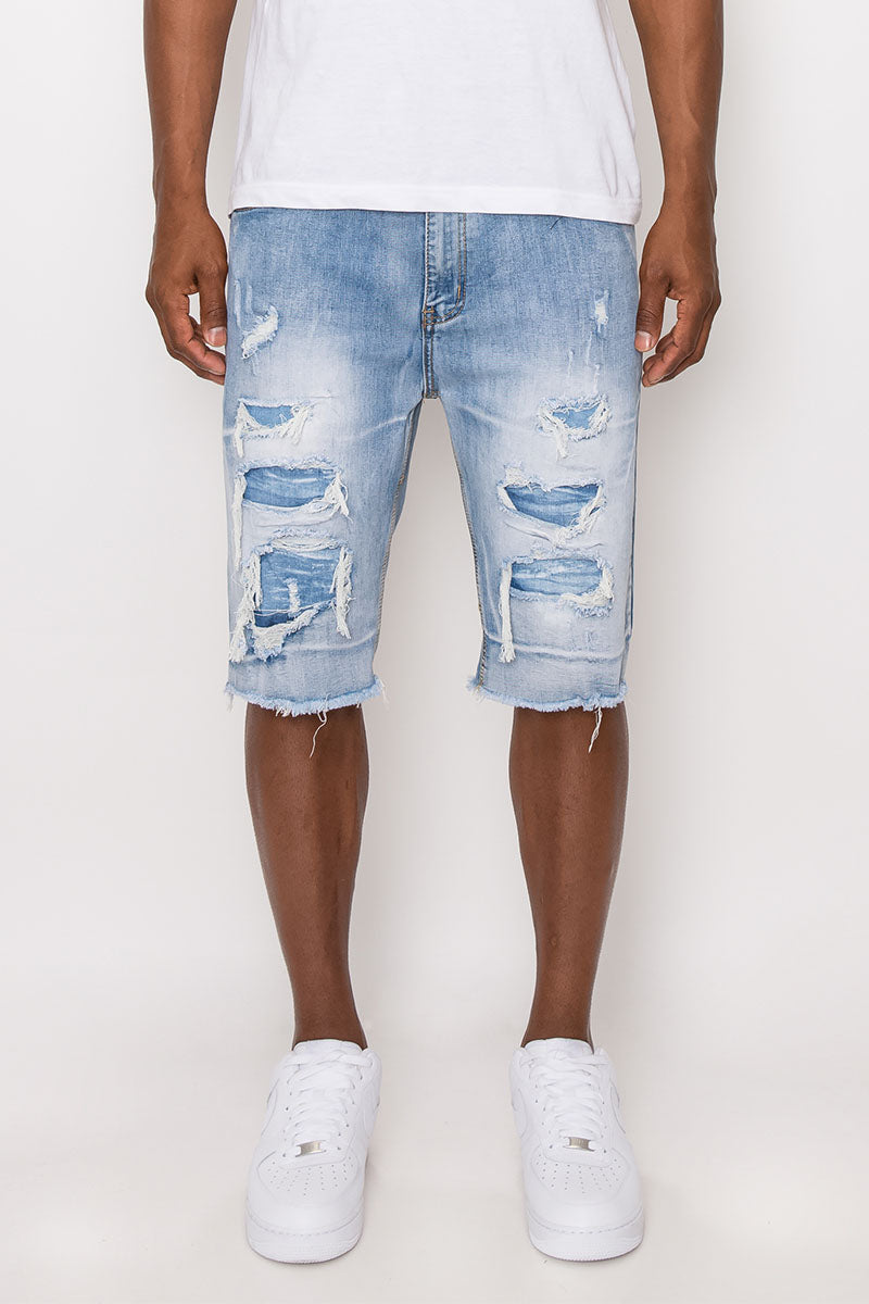 DISTRESSED ILLUSION DENIM SHORTS - LT INDIGO