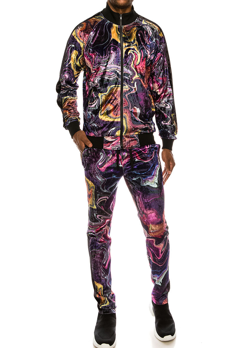 VELVET MARBLE TRACKSUIT SET - PURPLE CARAMEL