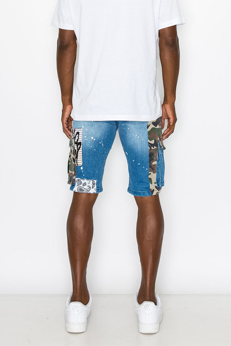 MIXED CAMO CARGO DENIM SHORTS
