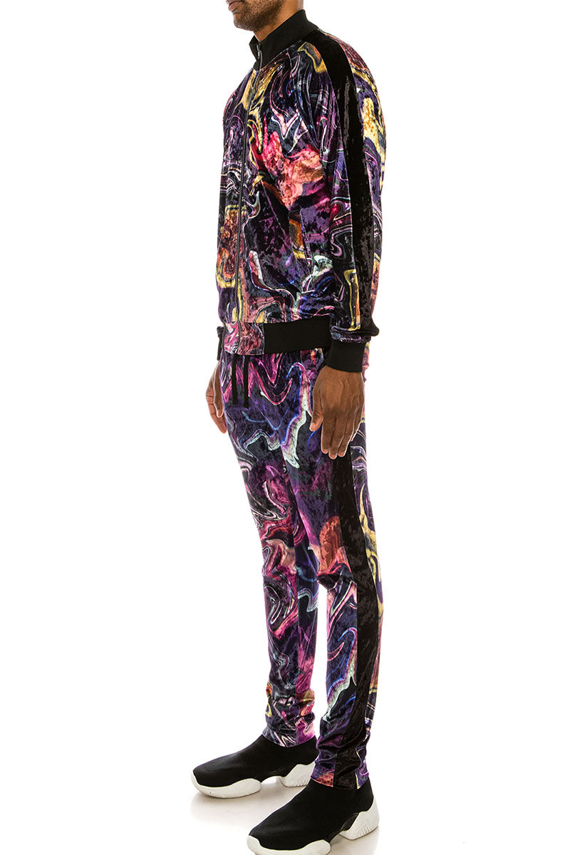 VELVET MARBLE TRACKSUIT SET - PURPLE CARAMEL