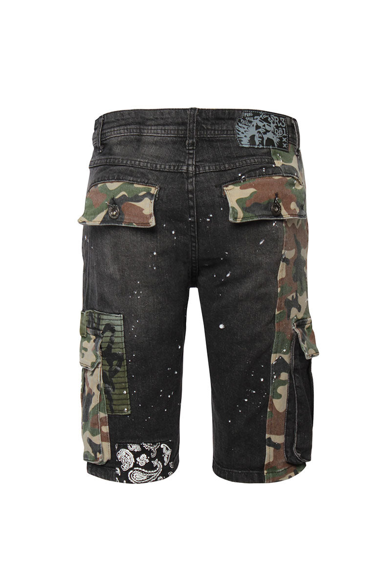 MIXED CAMO CARGO DENIM SHORTS