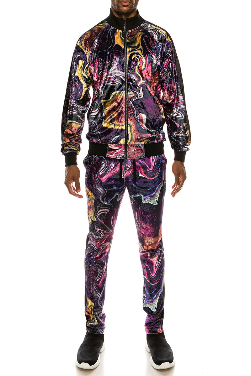 VELVET MARBLE TRACKSUIT SET - PURPLE CARAMEL