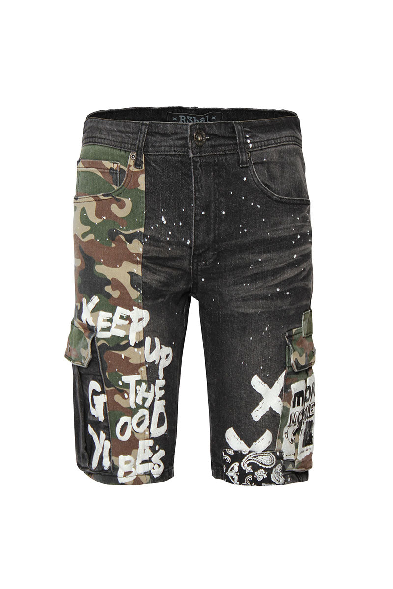 MIXED CAMO CARGO DENIM SHORTS