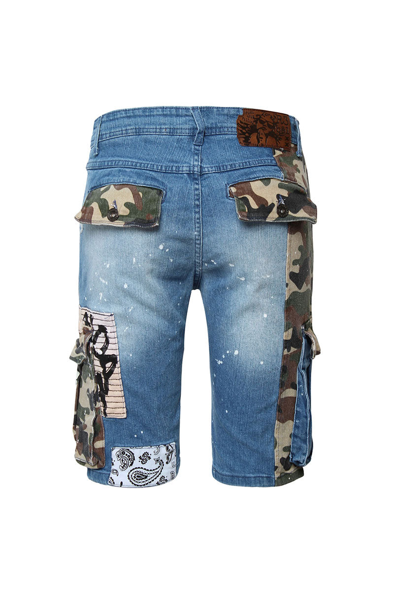 MIXED CAMO CARGO DENIM SHORTS