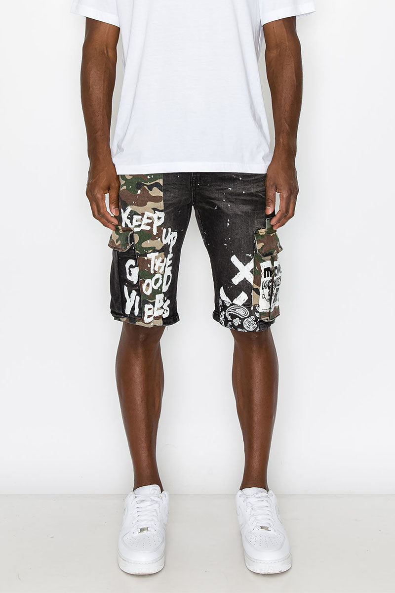 MIXED CAMO CARGO DENIM SHORTS
