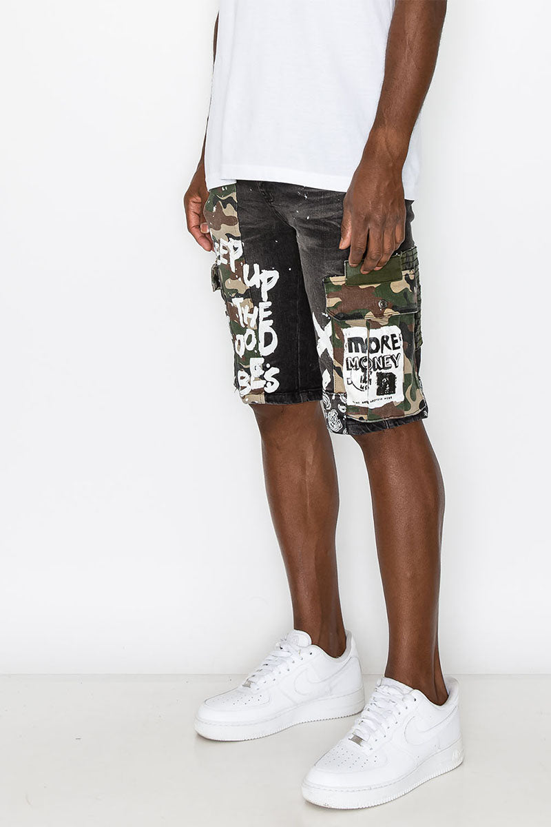 MIXED CAMO CARGO DENIM SHORTS