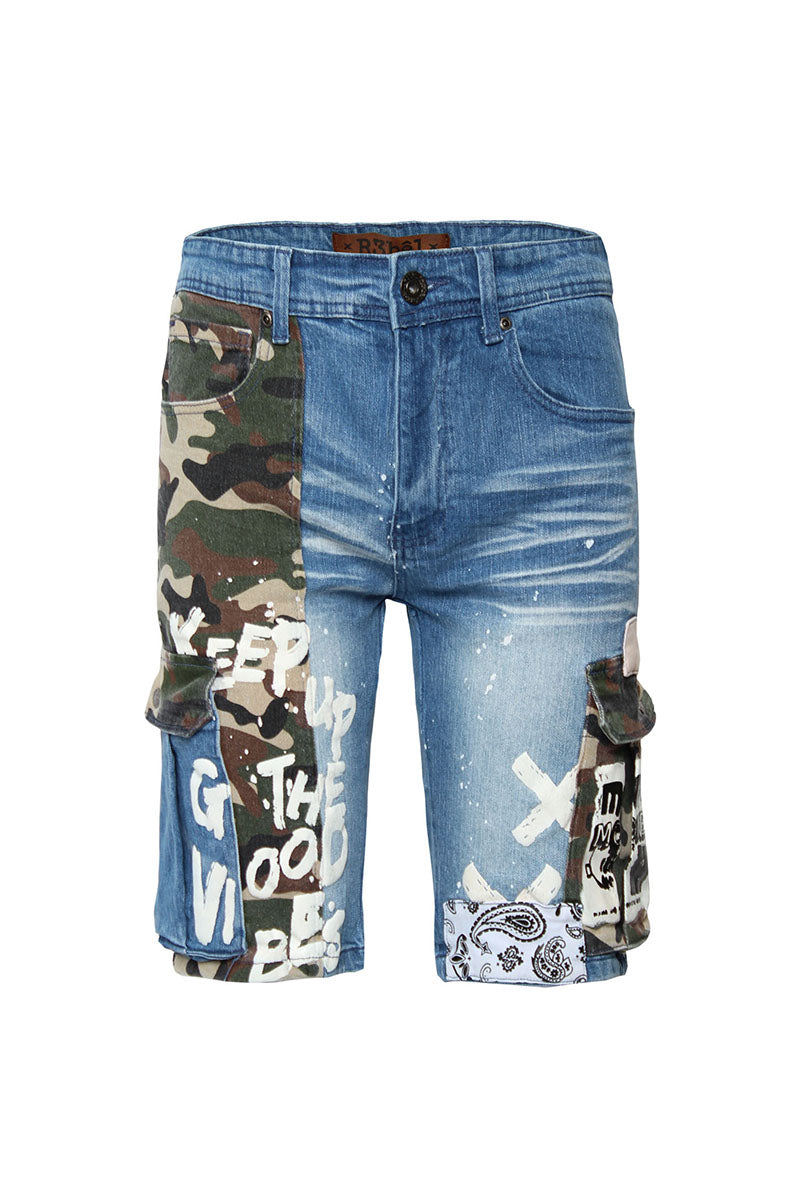 MIXED CAMO CARGO DENIM SHORTS