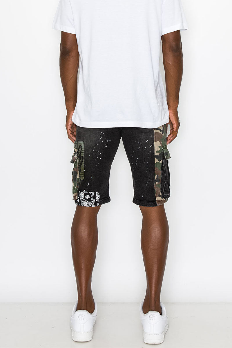 MIXED CAMO CARGO DENIM SHORTS