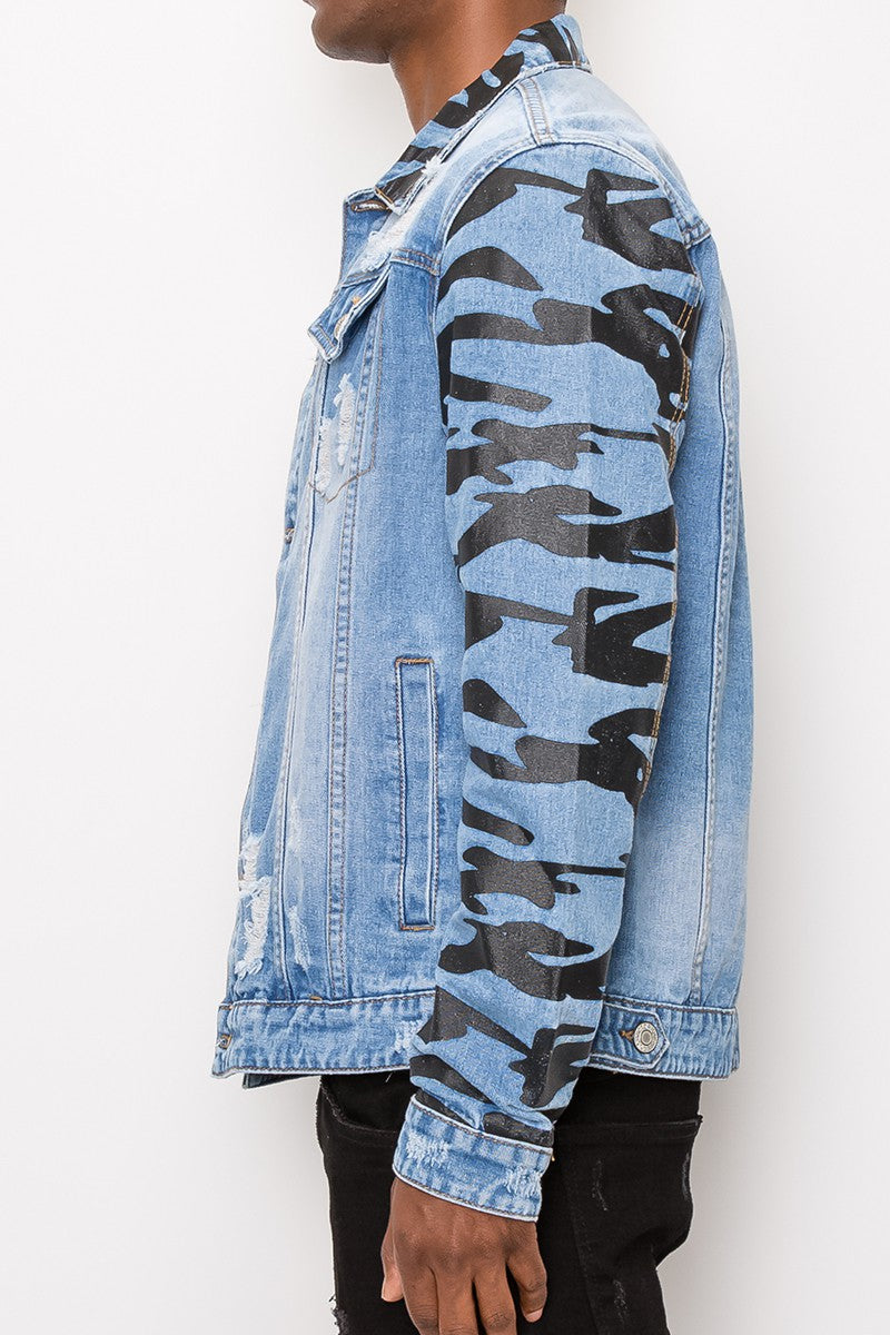 Victorious Men's Distressed Tiger Stripe Camo Sleeve Denim Jean