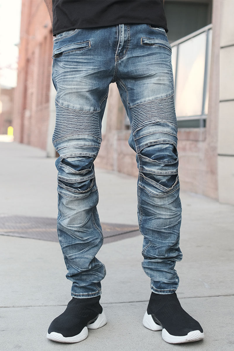 Victorious Men's Artisanal Crease Moto Biker Jeans - Cloud Blue - 28/30