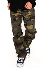 Men's relaxed fit cargo camo pants on model