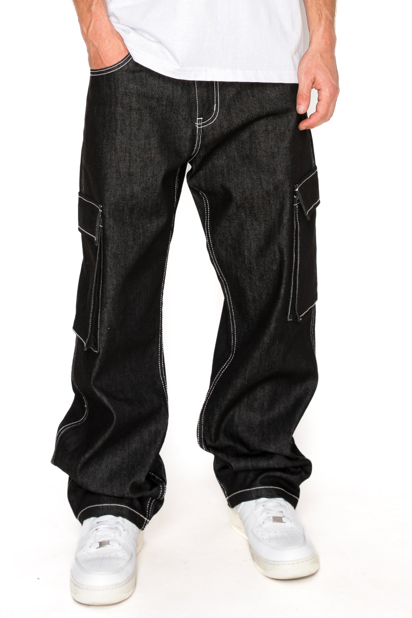 Baggy Fit Raw Denim Cargo Jeans