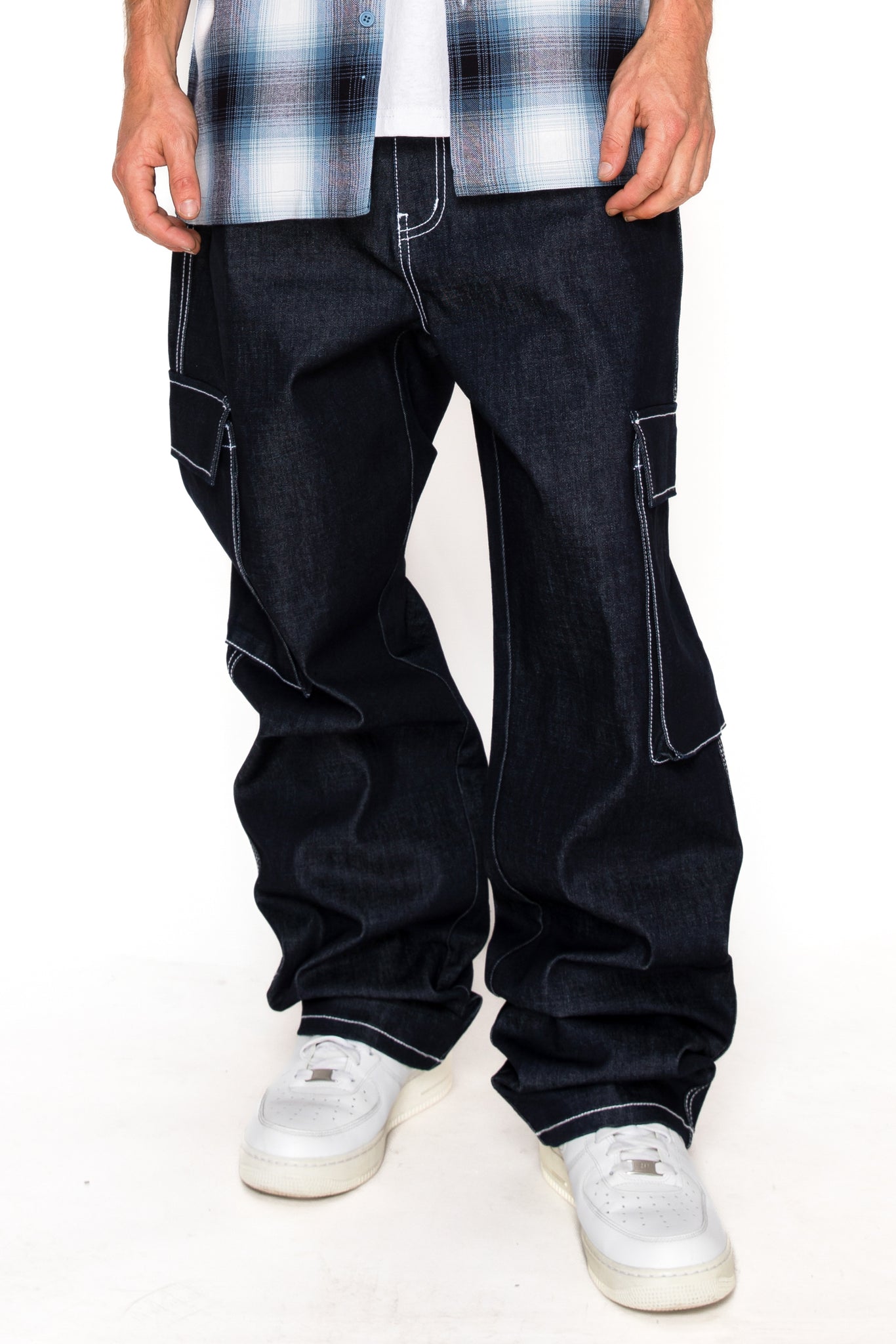 Baggy Fit Raw Denim Cargo Jeans