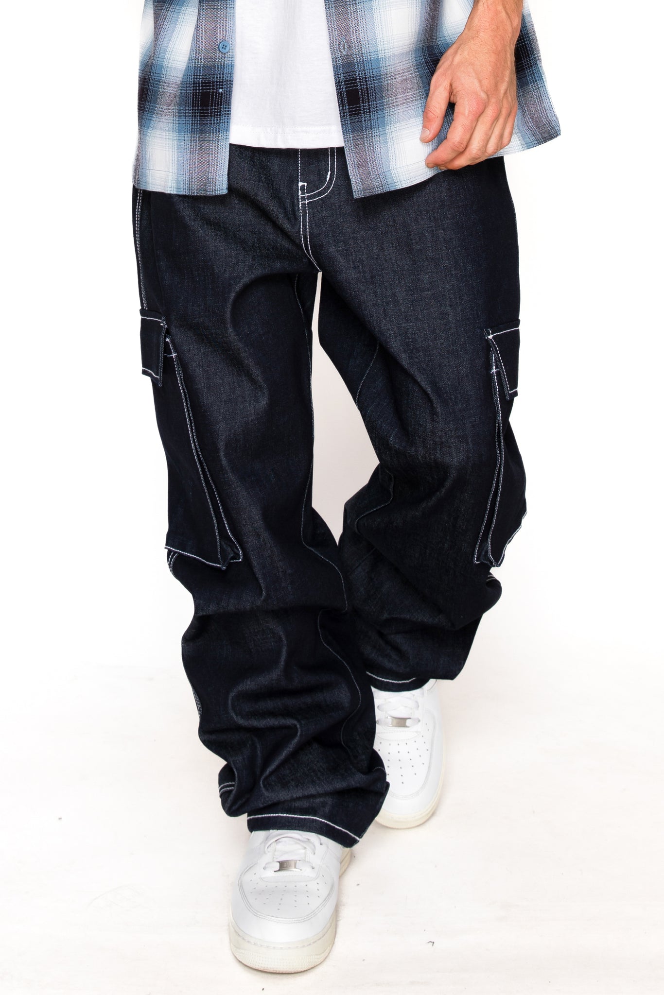 Baggy Fit Raw Denim Cargo Jeans